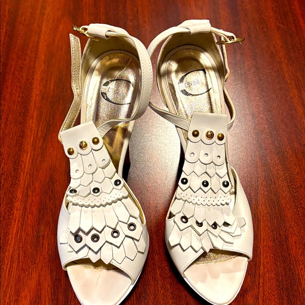 Roberto Cavalli White and Gold Sandals